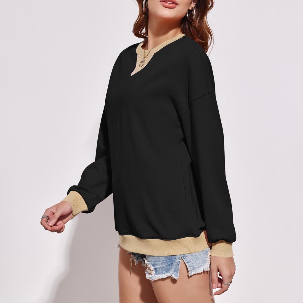 Женская толстовка с цветными блоками и воротником, негабаритная рубашка с длинными рукавами, повседневный пуловер, верхняя одежда