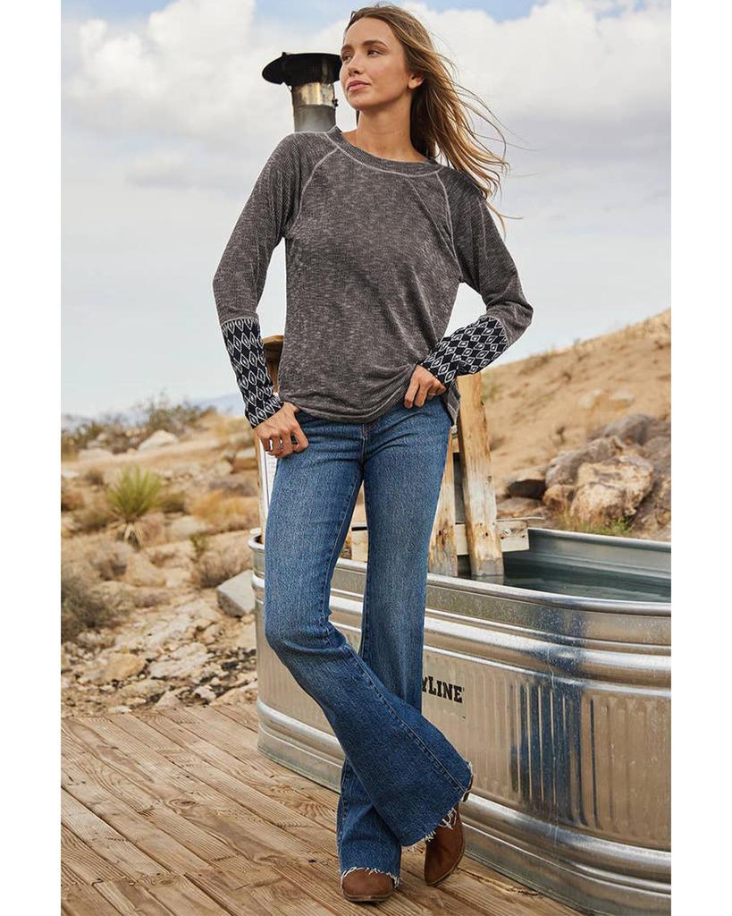 Azura Exchange Gray Aztec Patchwork Ribbed Long Sleeve Top