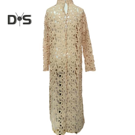Женское длинное платье с вырезом сверху, нерегулярным вязанием крючком, кружевом, цветочным узором, прозрачной короткой передней частью и длинной задней частью, с полувысоким воротником и длинными рукавами