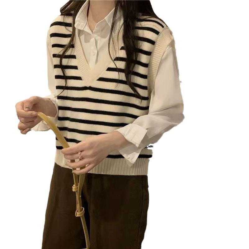 Striped Knitted Vest Women's Design Sense Autumn Outerwear Stacked V-neck Sweater Top Women