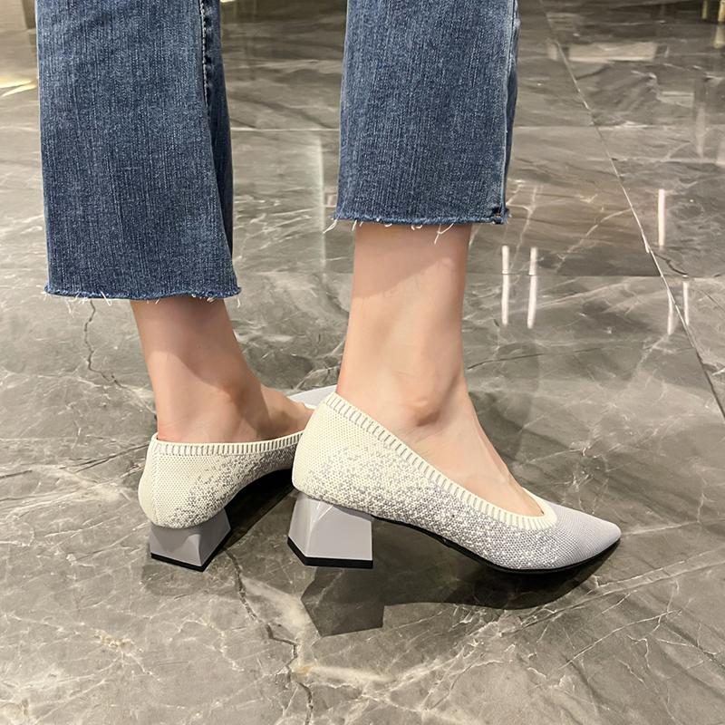 Вязаные туфли-лодочки на квадратном каблуке, женские туфли разных цветов без шнуровки на высоком каблуке, женские сексуальные офисные туфли с острым носком на мягкой подошве