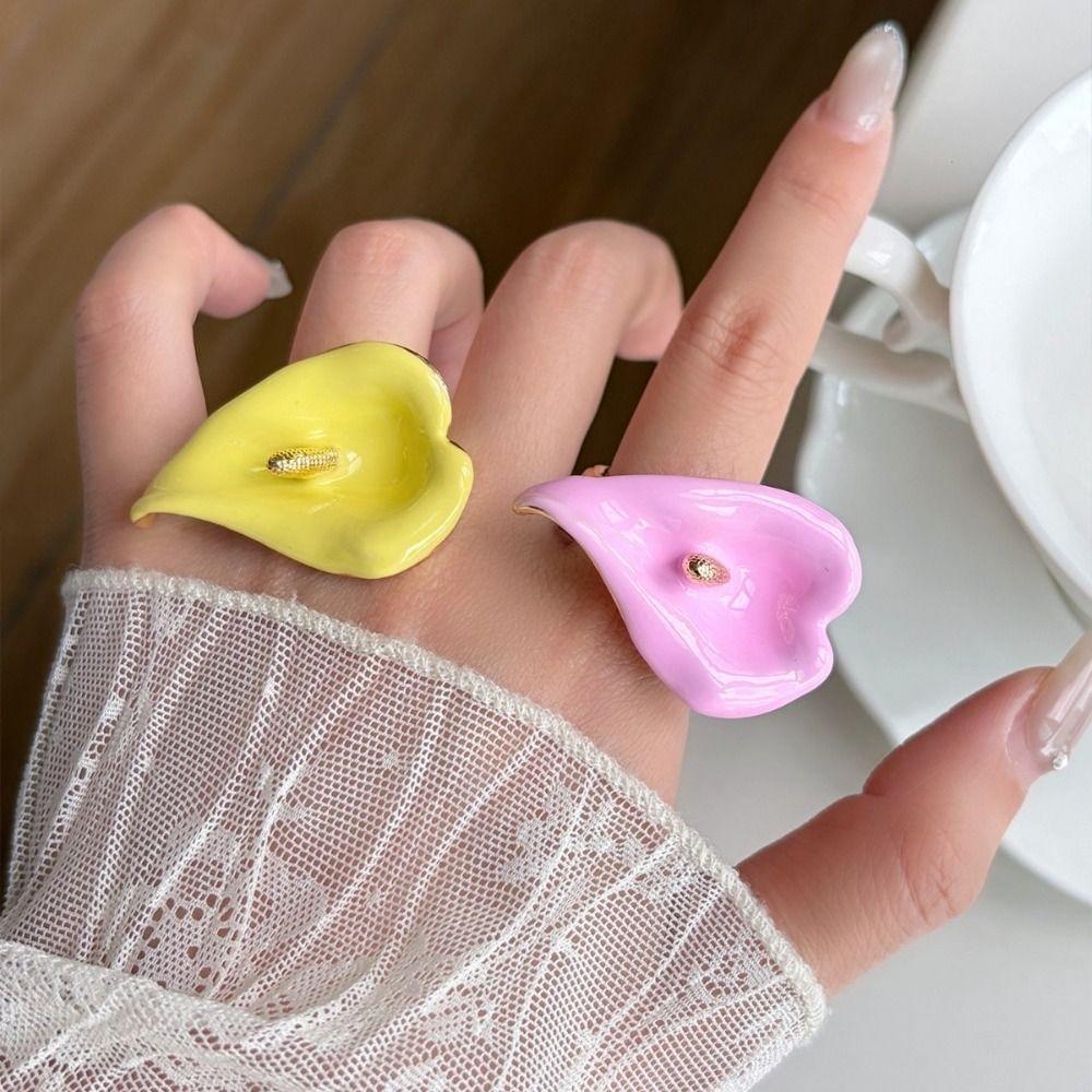 Adjustable Geometric Open Ring Metal Vintage Ring Luxury Enamel Calla Flower Ring Party