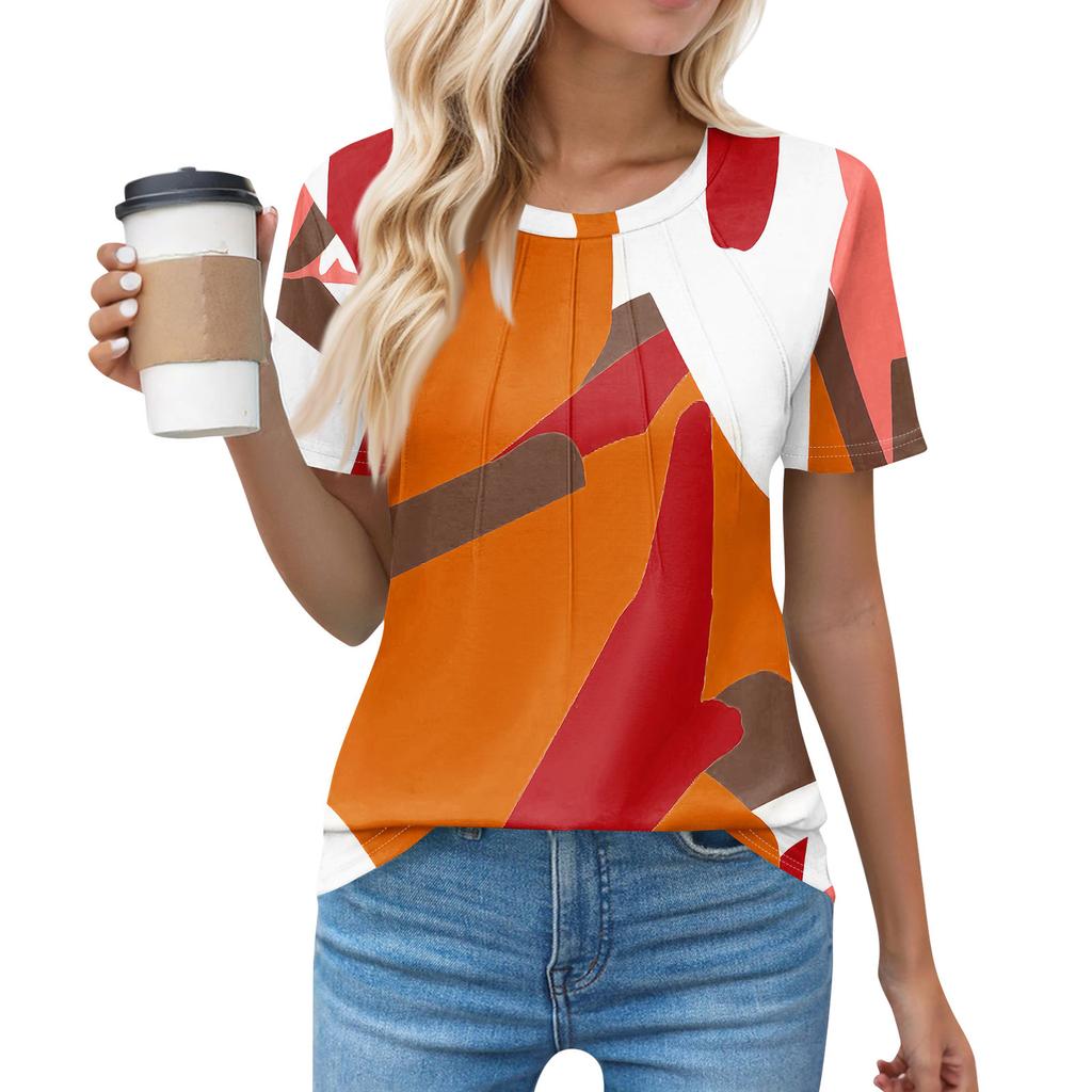 T Shirts For Women Pleated Round Neck Dressy Casual Blouses Printing Short Sleeve Summer Tops Loose Fit