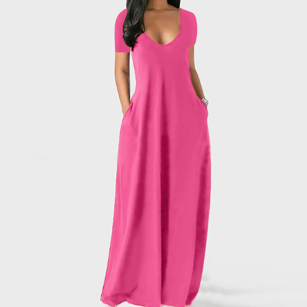 Константин Мода Женщины Повседневная Плюс Размер Твердые V-образным вырезом Карманы Короткие рукава Длинное платье