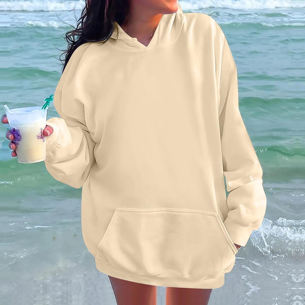 Женская модная повседневная толстовка с длинными рукавами и круглым вырезом с капюшоном, однотонная толстовка с прошитой нитью