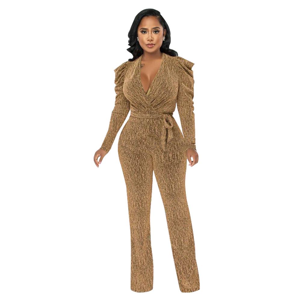 European & American Women's Sexy V-Neck Puff Sleeve Shiny Knit Jumpsuit