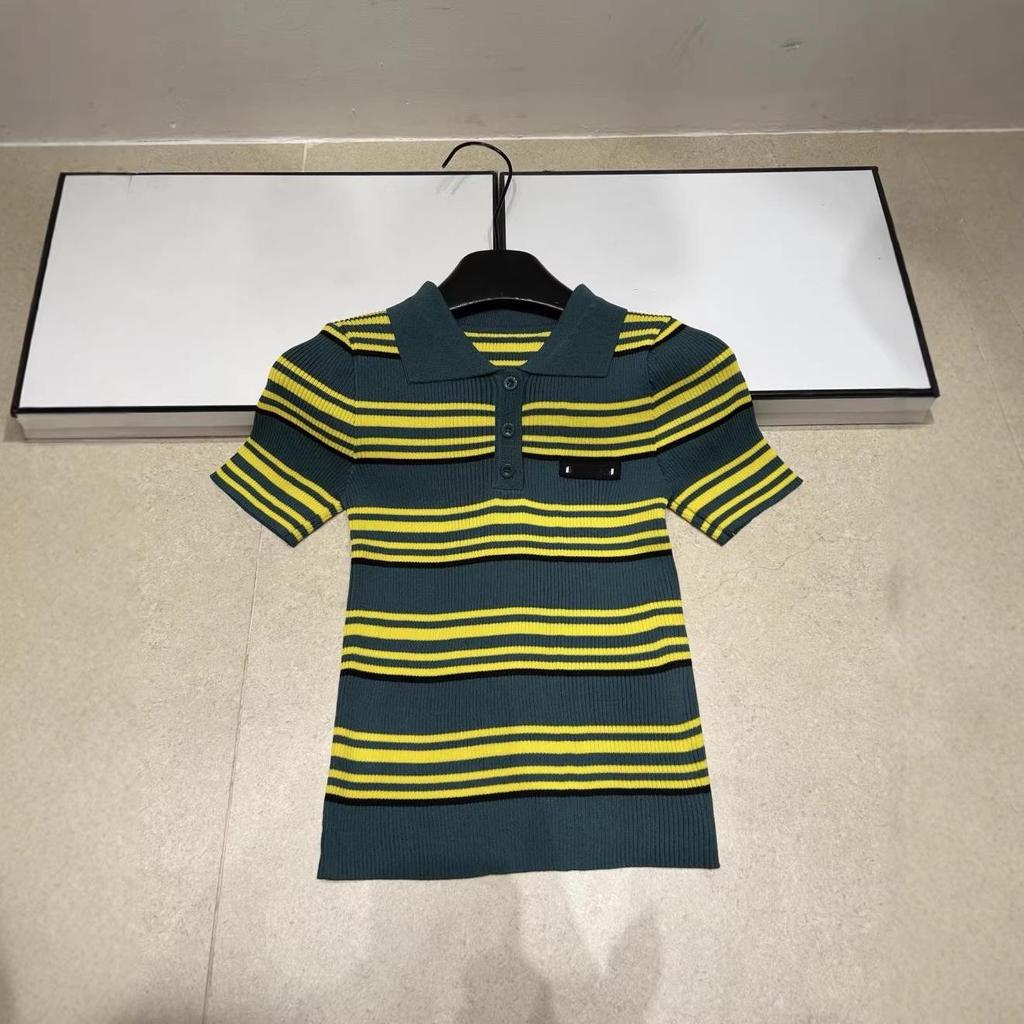 Miu Style Striped Knit Short Sleeve Lapel Top - Summer 2026 Slim Fit, Versatile & Flattering