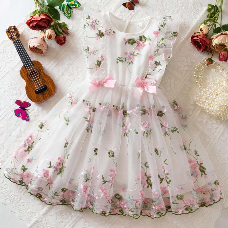 Girl Summer Princess Dress With Embroidered Flowers And Bow For Toddler Girls