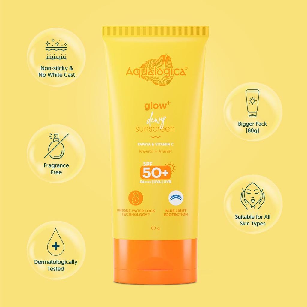 Aqualogica Glow+ Dewy Sunscreen SPF 50 PA++++ for Face & Body with UV Blue Light Protection, 80g x 2