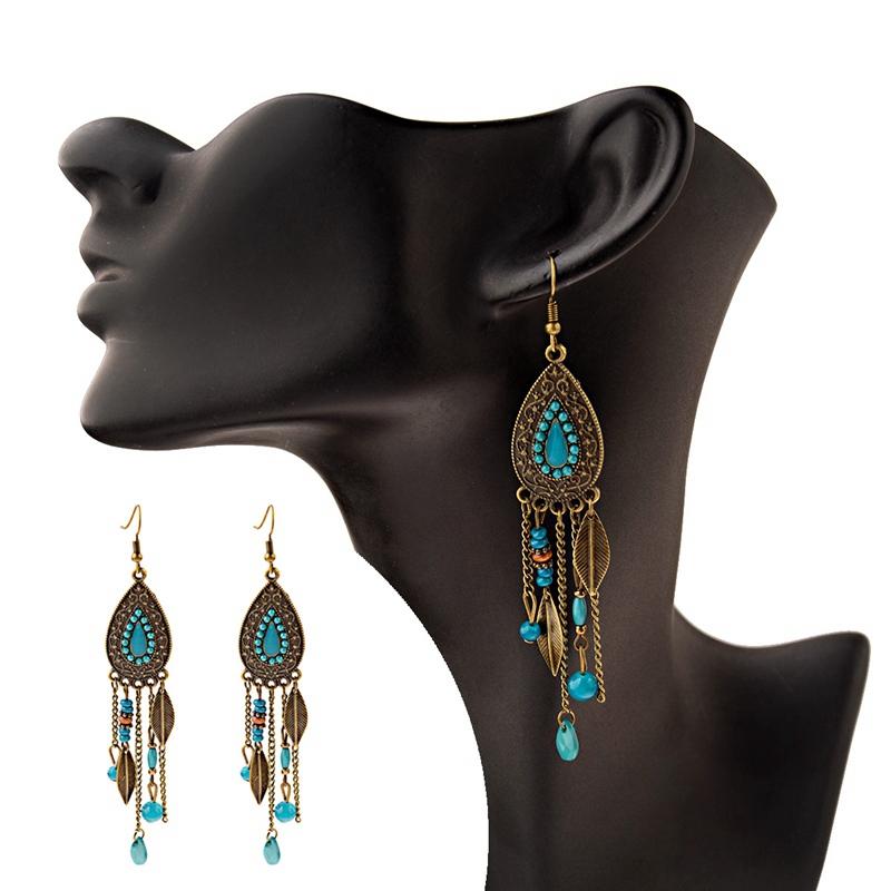 TopHanqi Womens Bohemia Ethnic Bronze Water Drop Earring Multicolor Stone Metal Leaf Pendant Long Tassel Earrings Indian Zircon