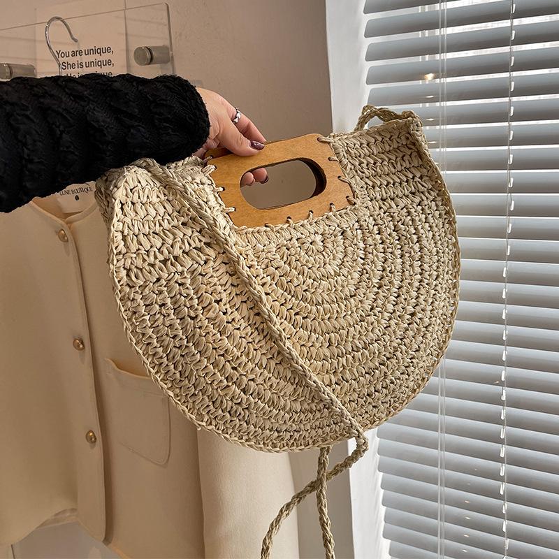 Straw Minimalist Yogodlns Summer Women Halfmoon Beach Handbags Rattan Handmade Kintted Handle Crossbody Bag