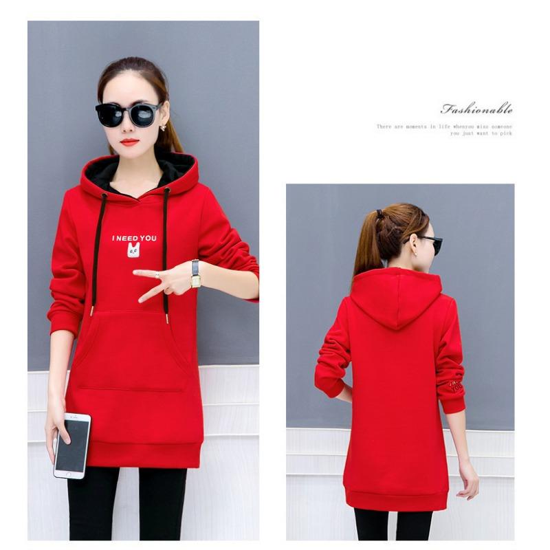 Осень и зима новый корейский стиль женский пуловер свободный большой размер студенческий с капюшоном средней длины бархатный вышитый свитшот для женщин