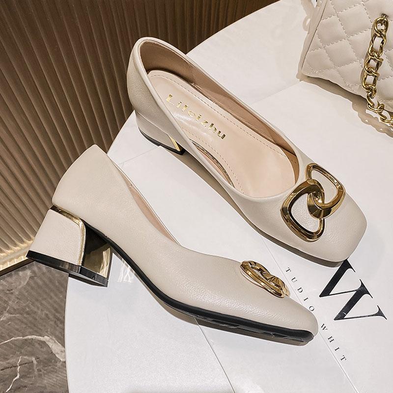 Spring Summer Shoes for Women Fashion Pumps New OL Chunky Heels High Heels Shoes Ladies Leather Boat Shoes 35-43