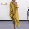 Женское платье с наклонным вырезом и длинными рукавами-фонариками, свободное однотонное плиссированное длинное платье макси для отдыха, пляжный халат