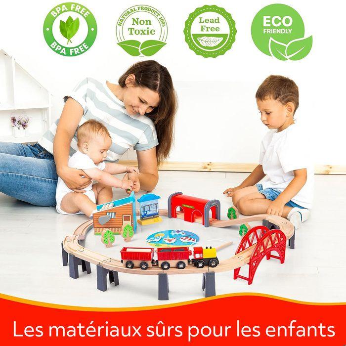 Деревянная железная дорога Kinderplay GS6151 – поезд, рельсы и транспортные средства – полный набор 213 см – детская игрушка от 3 лет