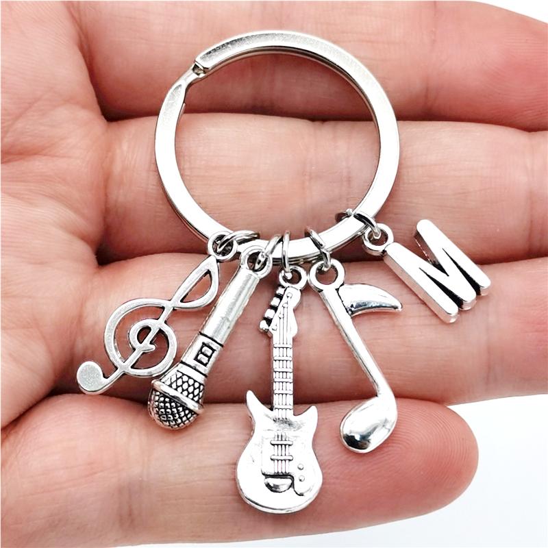 26 Letters Music Keychain Music Note Guitar Pendant Key Chain Microphone Keyring Creative Jewelry Gifts
