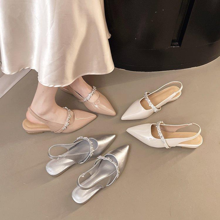 Giant Skinny~ Rhinestone Silver Pointed Back Air Mary Jane Small Leather Shoes Women's Summer Low Heel Baotou Sandals