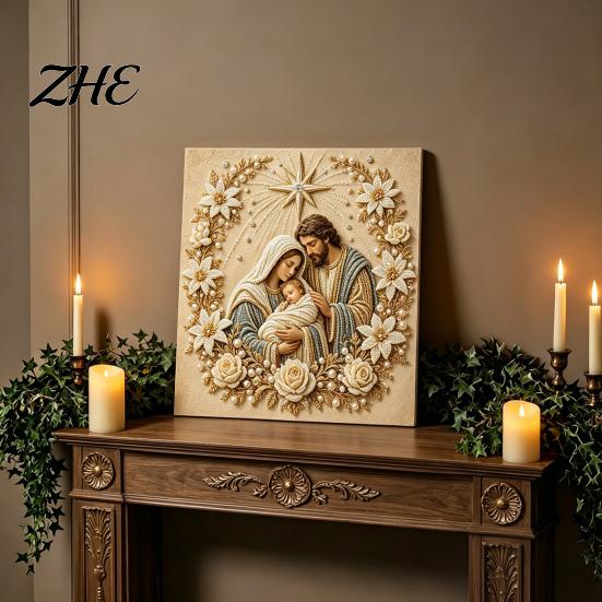 Christmas Decorations for Home Faux Pearl Art Kit, DIY Church Painting Jesus Easy Bead Beginners Holy Family Wall Decor Craft Kit Adults, Handmade