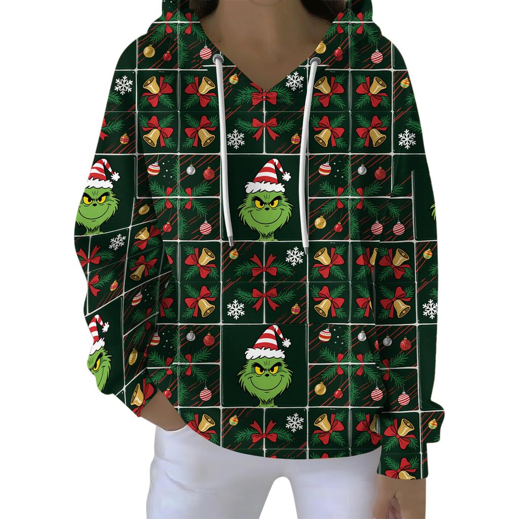 Ladies' Loose And Comfortable Drawstring V-neck Long Sleeved Christmas Printed Sweatshirt