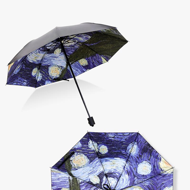 Брендовый складной зонт, женский ветрозащитный зонт от дождя Ван Гога, картина маслом, зонтик от дождя, женский качественный черный зонтик с черным покрытием