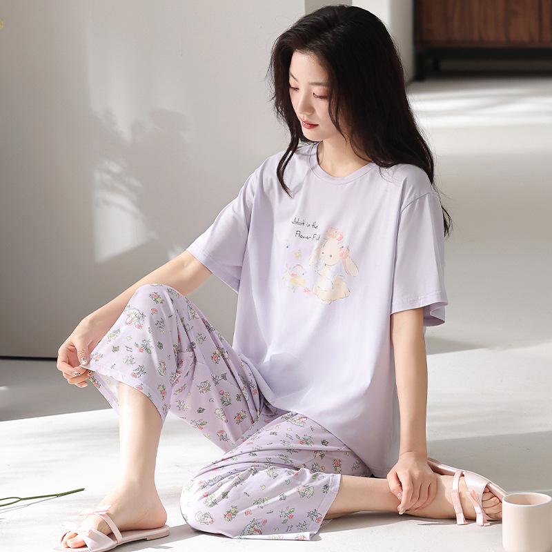 Pajamas women's summer thin Modal cotton short-sleeved cropped pants 1011 new floral loungewear cotton and silk suit