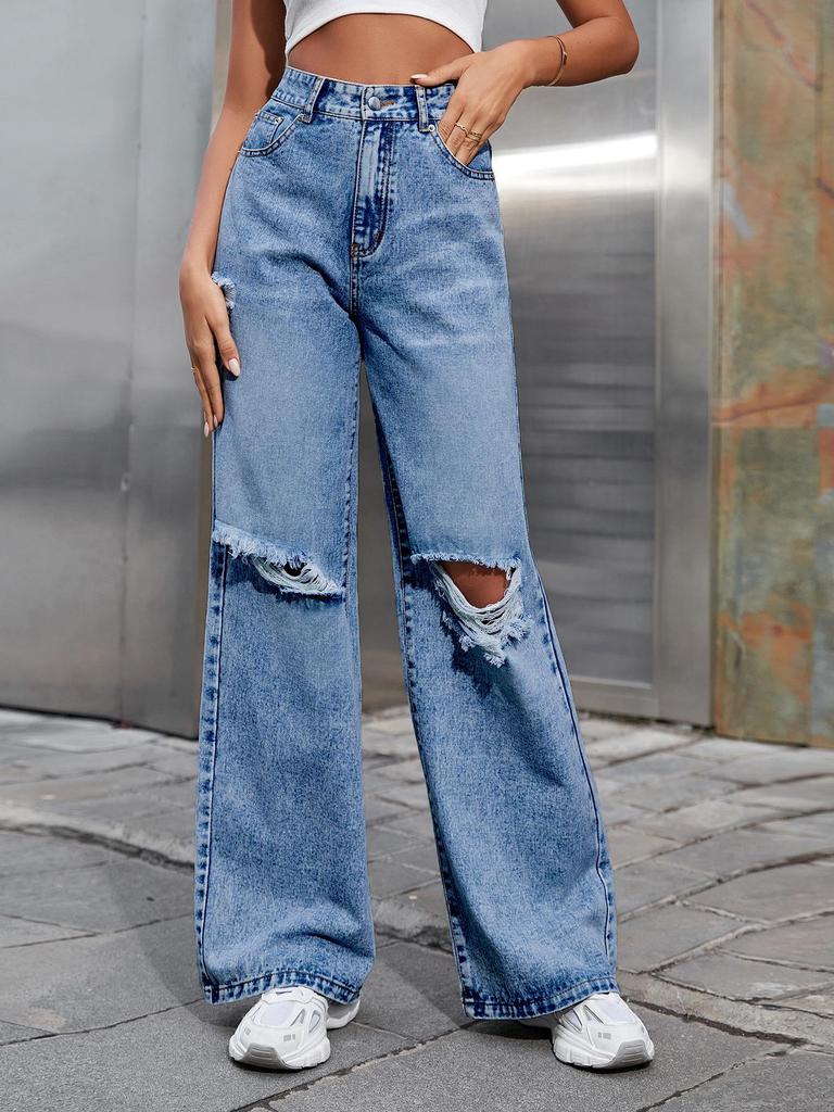 Women's INS Fashion Ripped High-Waisted Wide-Leg Jeans