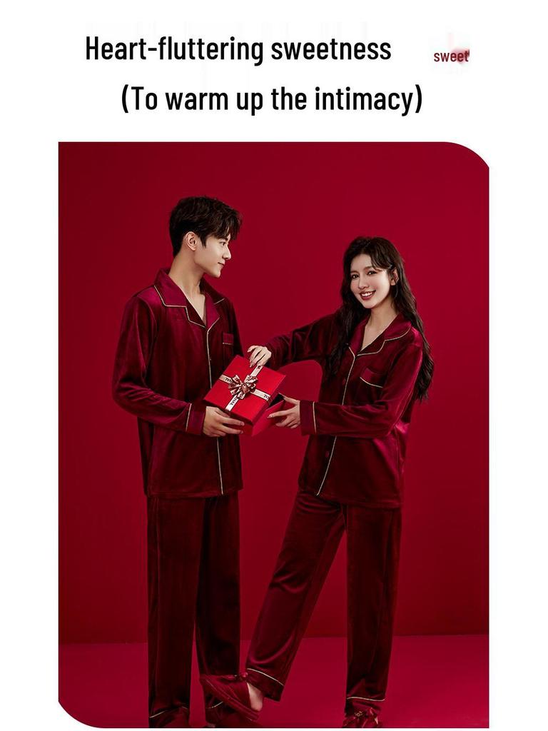 Fly Together 2-Piece Burgundy Island Fleece Pajamas for Couples - Wedding Festive, Extra Thick Winter Homewear.