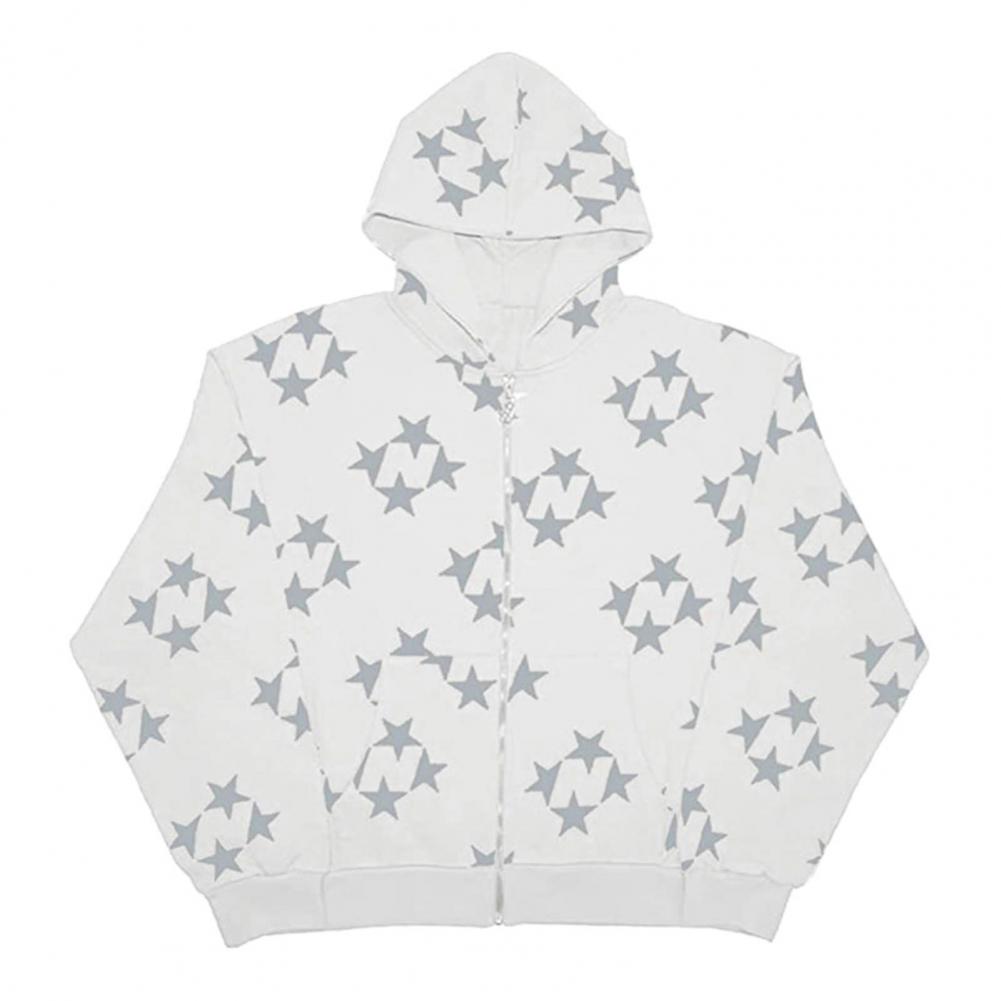 Hoodie Coat Star Print Pockets Zipper Closure Elastic Thread Cuff Long Sleeve Relaxed Fit Unisex Hooded Streetwear Hip Hop Fall Winter