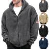 Men Winter Fall Coat Thick Plush Hooded Solid Color Zipper Closure Long Sleeve Cardigan Windproof Badge Decor Mid Length Winter Jacket