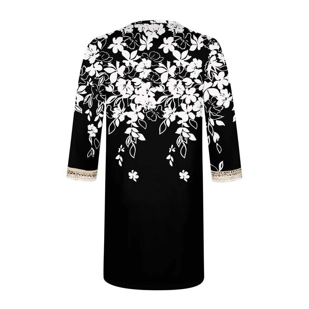 Летние платья для женщин, модное повседневное свободное кружевное платье с V-образным вырезом и рукавами 3/4 с принтом