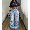 Womens High Waist Ripped Wide Leg Jeans Street Style Loose Long Denim Pants