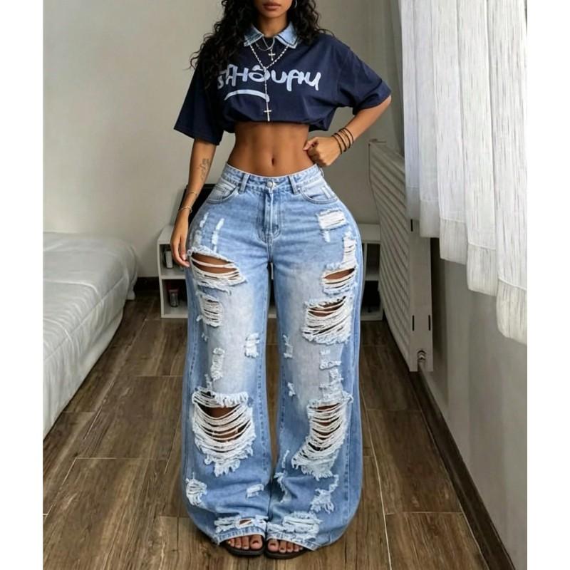 Womens High Waist Ripped Wide Leg Jeans Street Style Loose Long Denim Pants