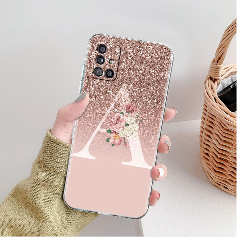 Прозрачный чехол для Samsung Galaxy A52 A12 A51 A32 A21s A71 A32 A22 50 A70 A31 A72 5G Чехол для телефона Письмо Розовый Блестящий M R