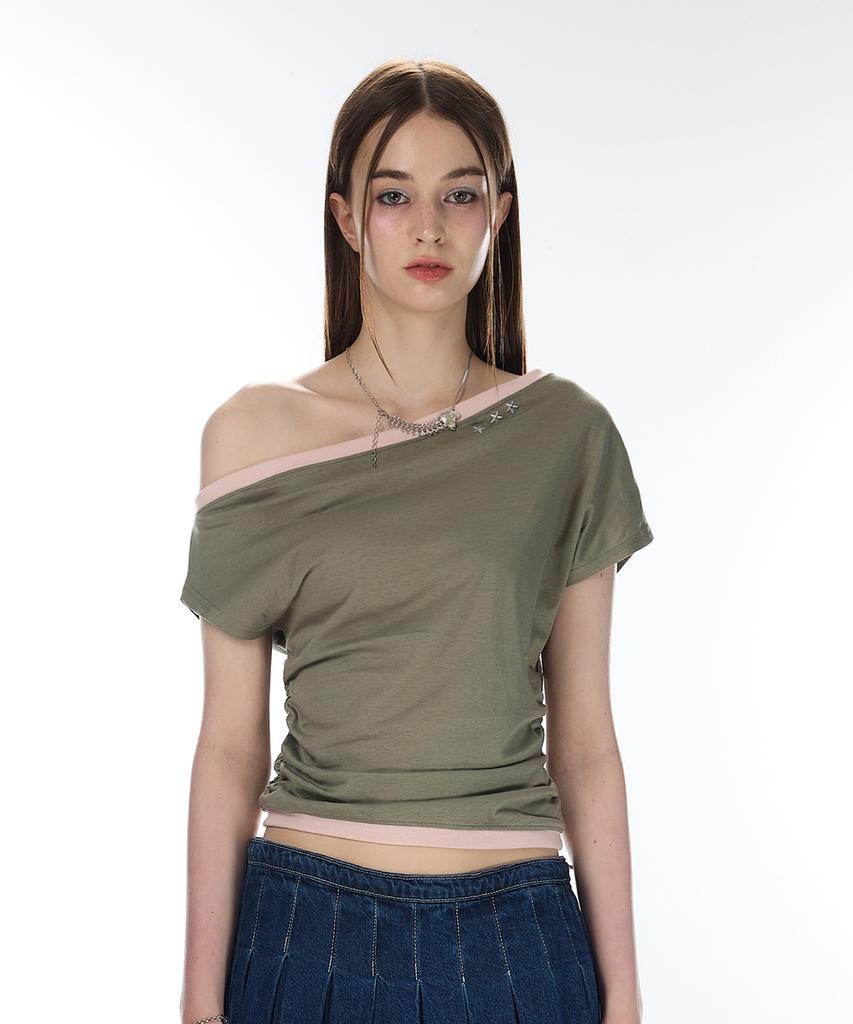 LARTIGENT L12 One-Shoulder Boatneck Top(Khaki)