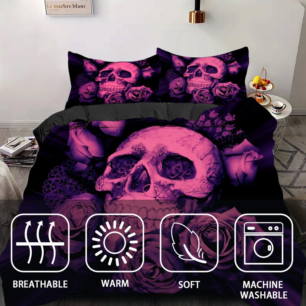 Violet Rose Golden Skull Pattern 3D Print Duvet Cover Halloween Gothic Style Bedding Set With Pillowcase Polyester Quilt Cover
