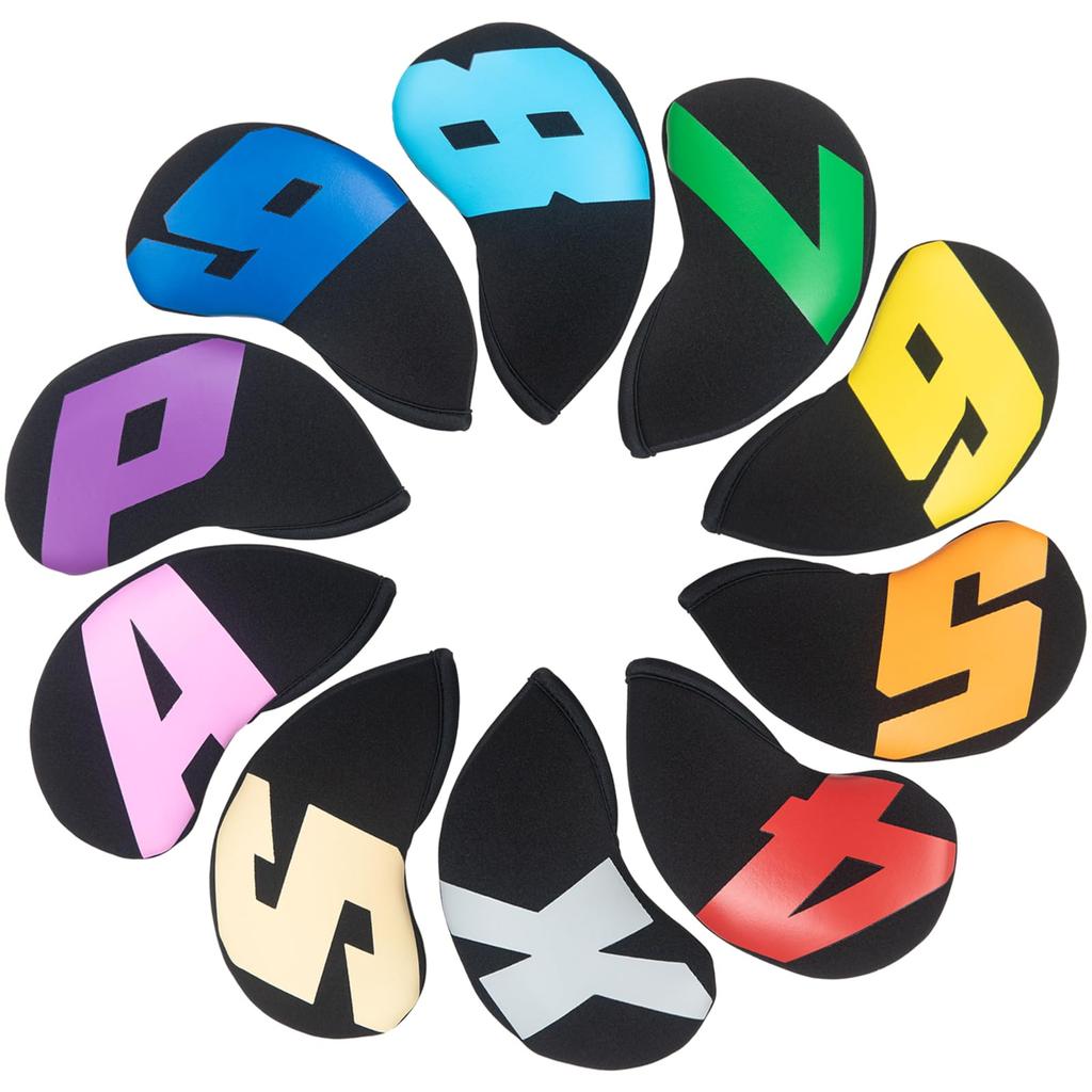 Чехол для гольф-айрона, чехол для головки клюшки, набор из 10 штук (4-9,П,А,С,Х) Из неопрена Эластичные Большие Цифры Черная Основа и Цветные Цифры