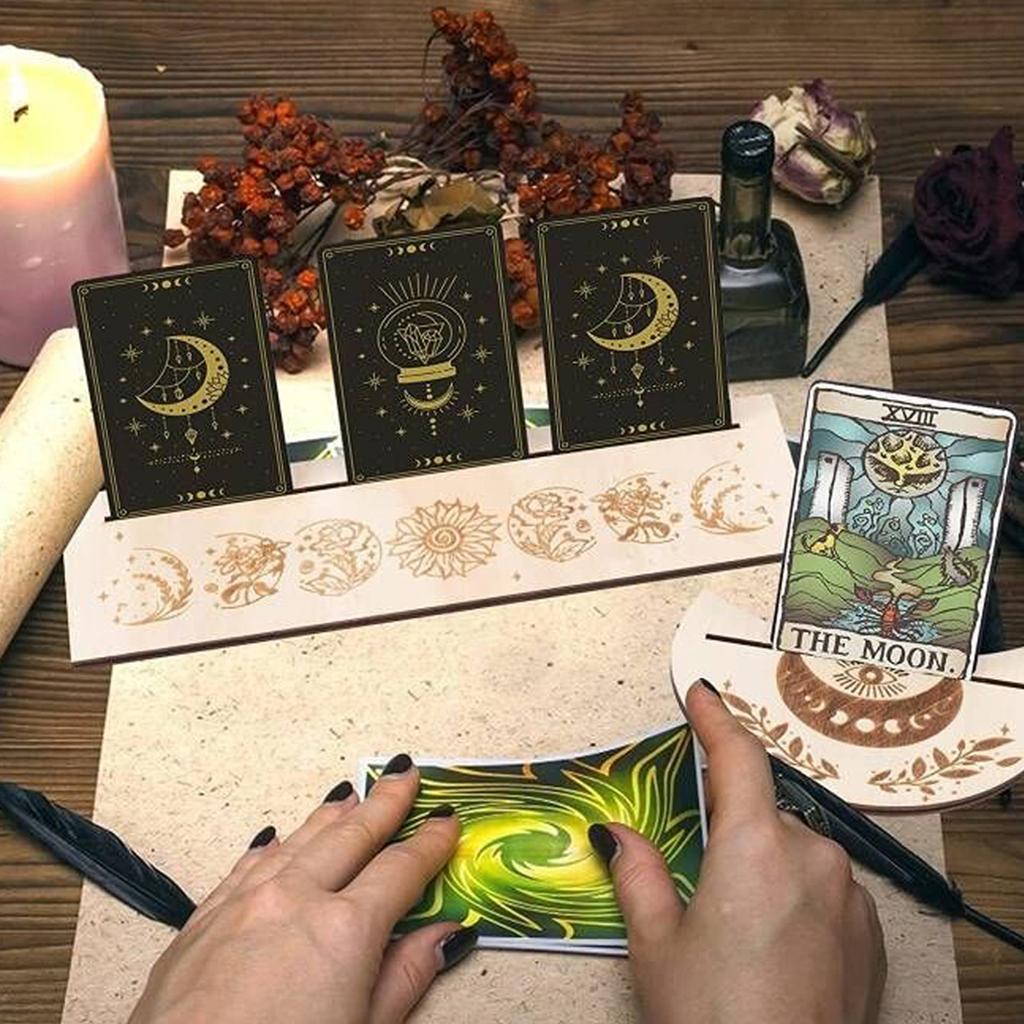 2PCS Tarot Card Stand Wooden Rectangular Moon Shaped Tarot Stand Wood Place Card Holders for Witch Divination Tools Altar Decor