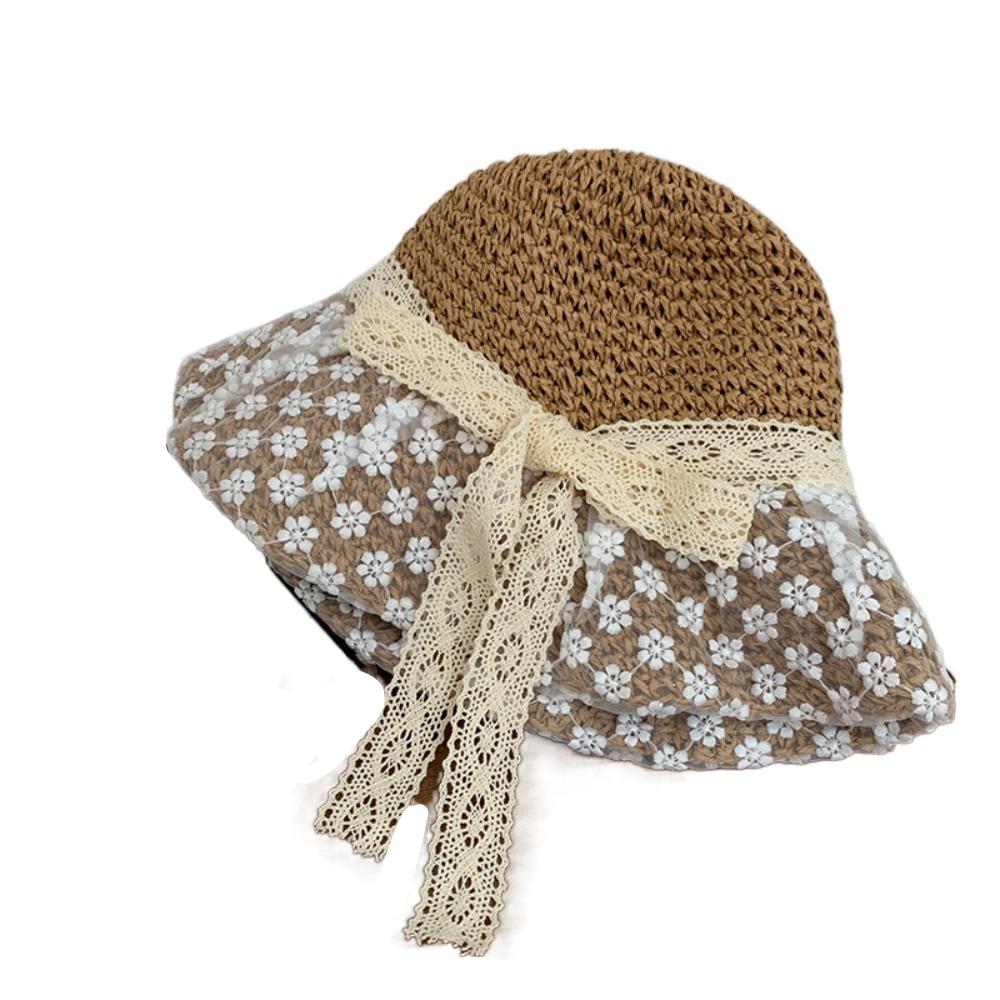 Large Brim Flower Sun Hat Breathable Lace Bowknot Sunshade Cap Vacation Woman's Straw Hat  Travel