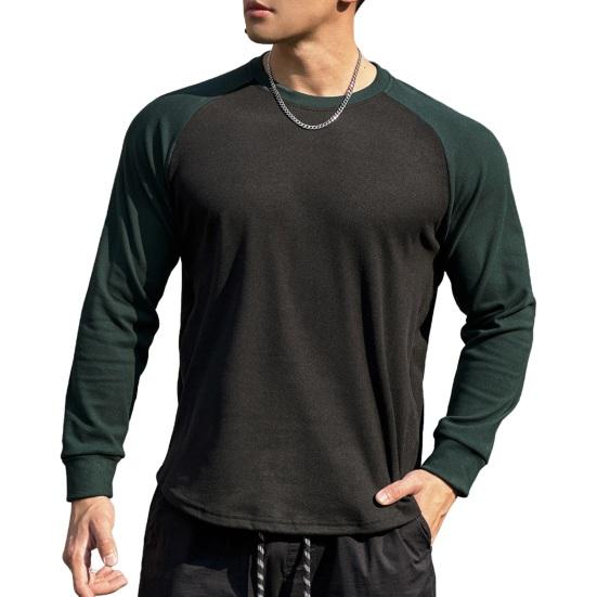 Осень-зима Мужской топ-топ облегающего кроя с о-образным вырезом в стиле пэчворк, эластичный свитер с длинными рукавами, средней длины, для фитнеса, тренировок, бега, повседневной носки, рубашка