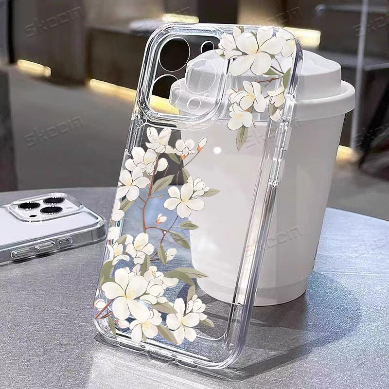 Нежный белый цветочный зеленый лист Чехол для телефона для iPhone 17 16 15 14 13 12 11 16E Серии Pro Max Plus Двойная защита