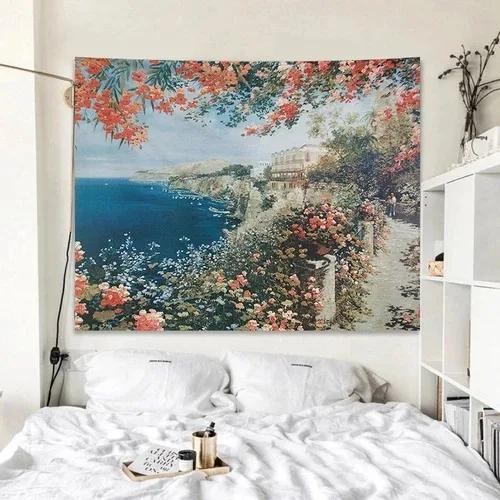 Rose Garden Pattern Oil Painting Style Hanging Cloth Home Wall Decoration Tapestry Bedroom Living Room Tapestry