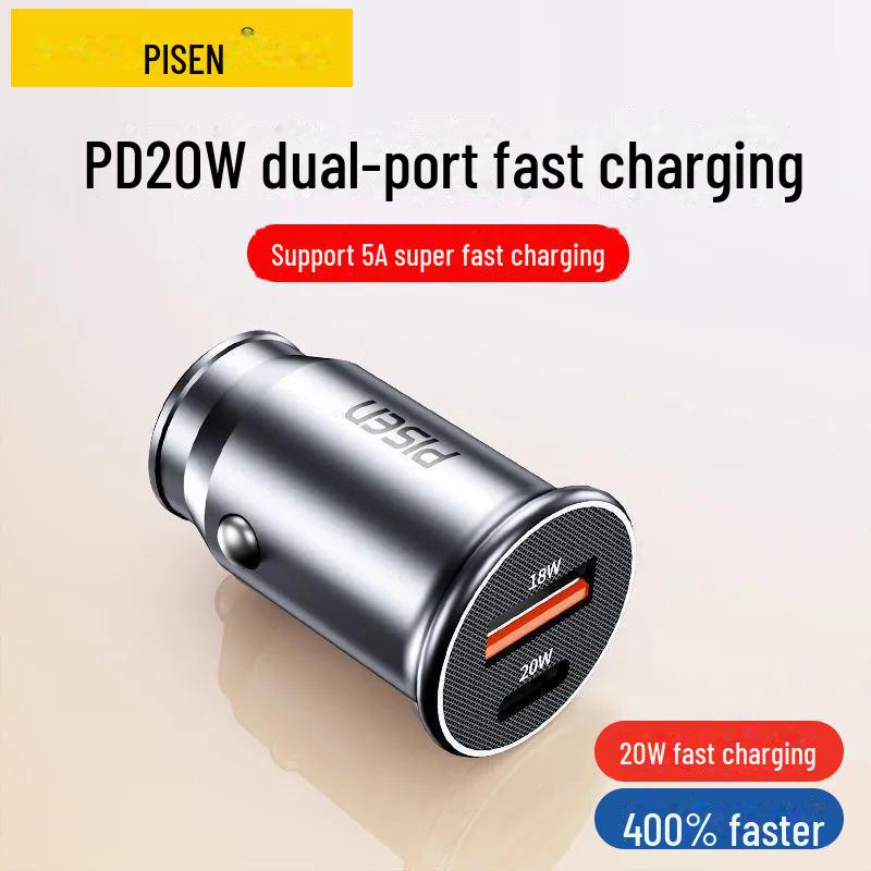 PISEN Dual Port PD30W Car Charger - Mini Cigarette Lighter Socket Adapter