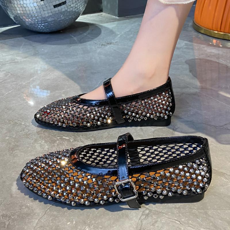 Women Sandals Mesh Breathable Rhinestone Fashion Versatile Sandals Women New Foreign Style Flat Soft Soled Mary Jane Shoes Women