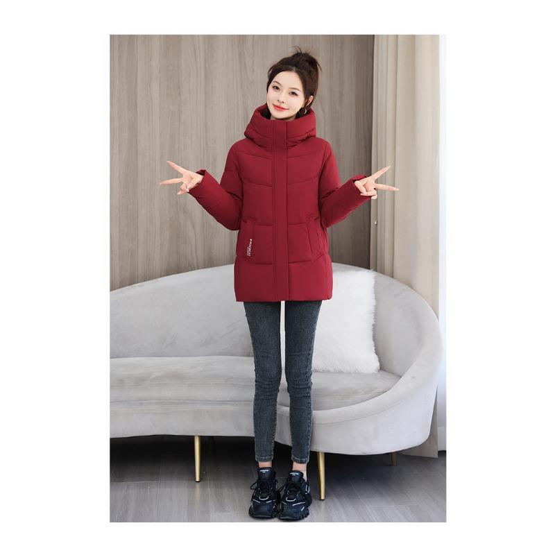 Women Hooded Long Sleeve Thick Cotton Coat Loose Solid Wine Red Winter Warm Outerwear