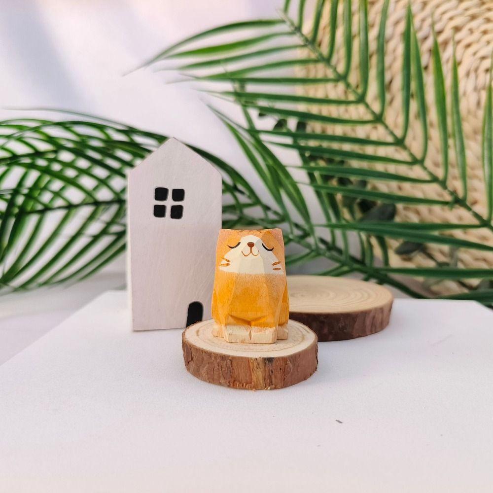 Mini Cat Dog Statues Painted Small Animal Dolls Desktop Accessories Wooden Animal Figurine Home