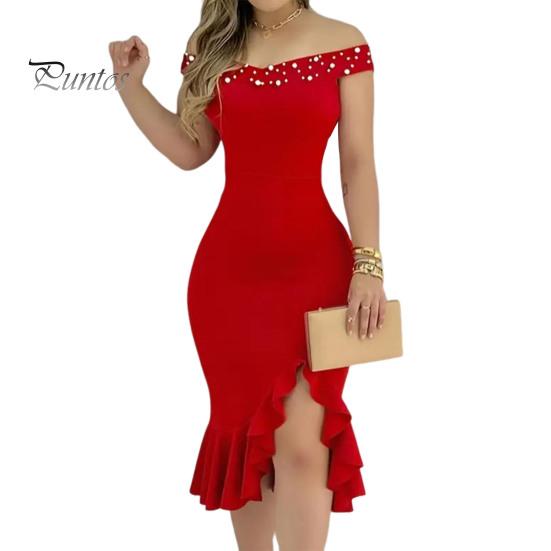 Evening Dress Off Shoulder Sheath Sleeveless Irregular Ruffle Hem Slim Fit Solid Color Faux Pearl Decor Midi Dress for Party Prom Wedding