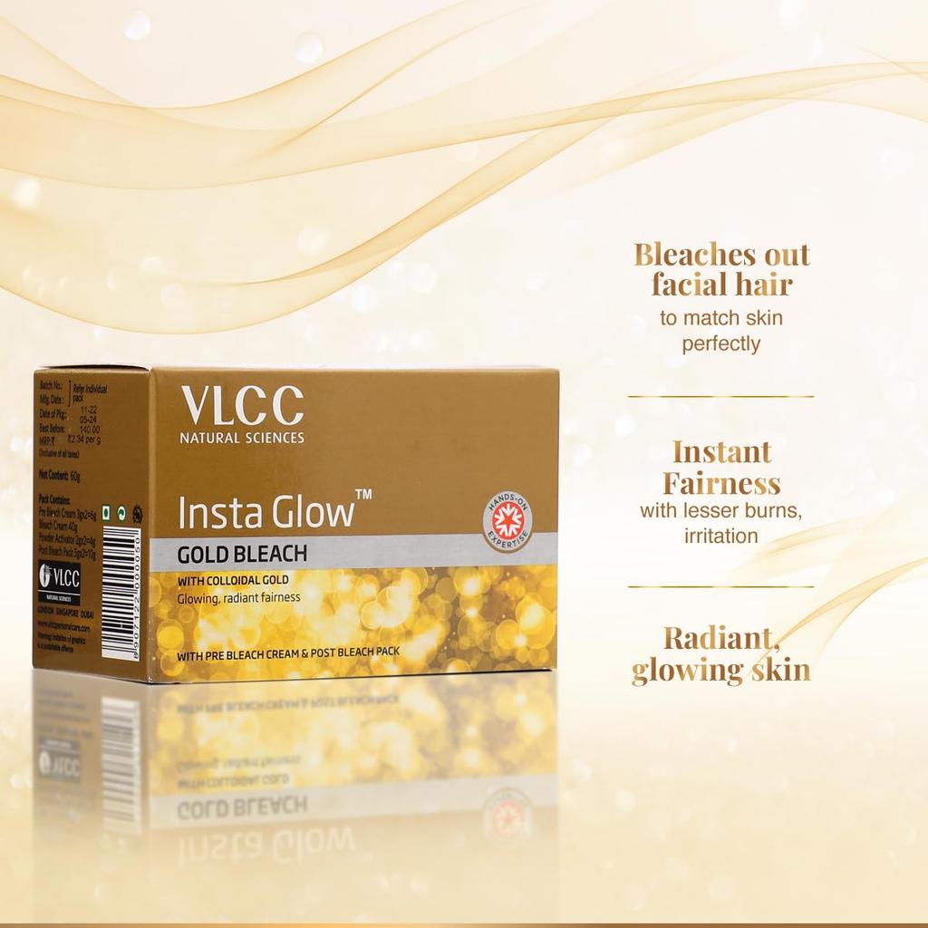 VLCC Insta Glow Gold Bleach 402 г Упаковка 1 шт. Для ровного тона кожи и сияющего цвета лица. Осветление волос на лице.