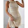Сексуальное открытое трикотажное платье с разрезом, женское летнее тонкое платье Y2k с круглым вырезом без рукавов, женская мода, шикарная однотонная уличная одежда, одежда для вечеринок