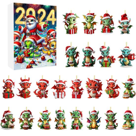 Рождественский Адвент-календарь Акриловый кулон в виде дракона, 24-дневный календарь обратного отсчета с внутренним мультфильмом