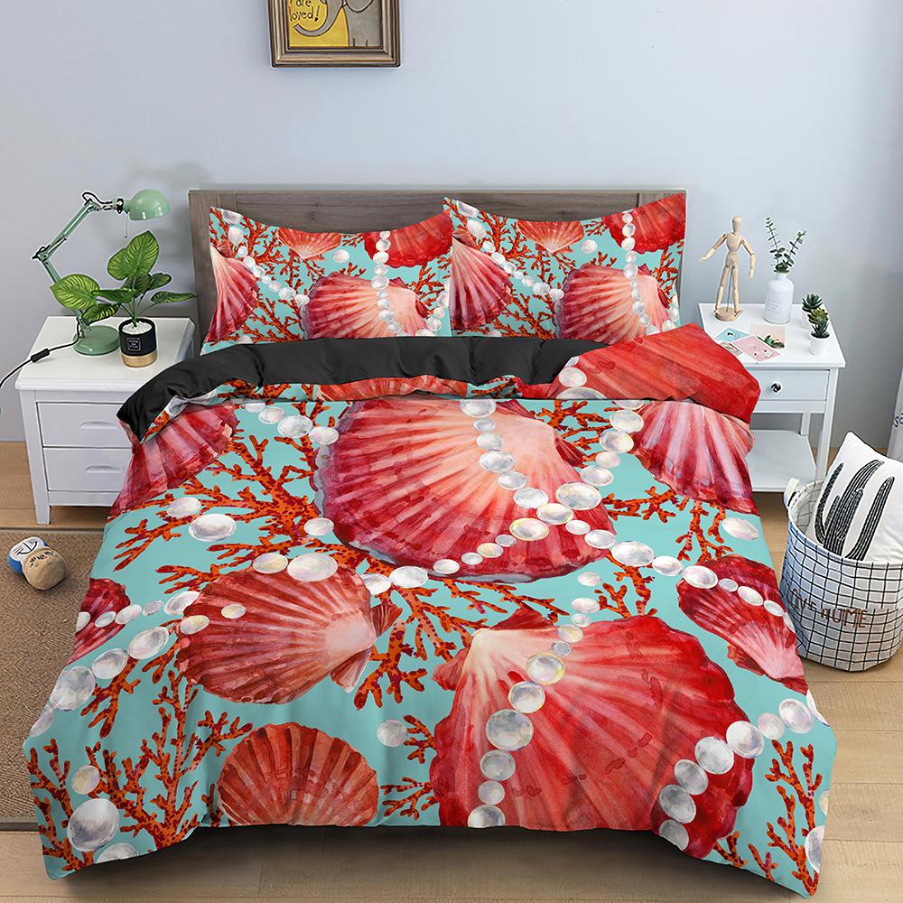 Shell Duvet Cover Set Starfish Crab Sea Animals Kawaii Polyester Comforter Cover For Kid Boys Girl Bedding Set King Full Size